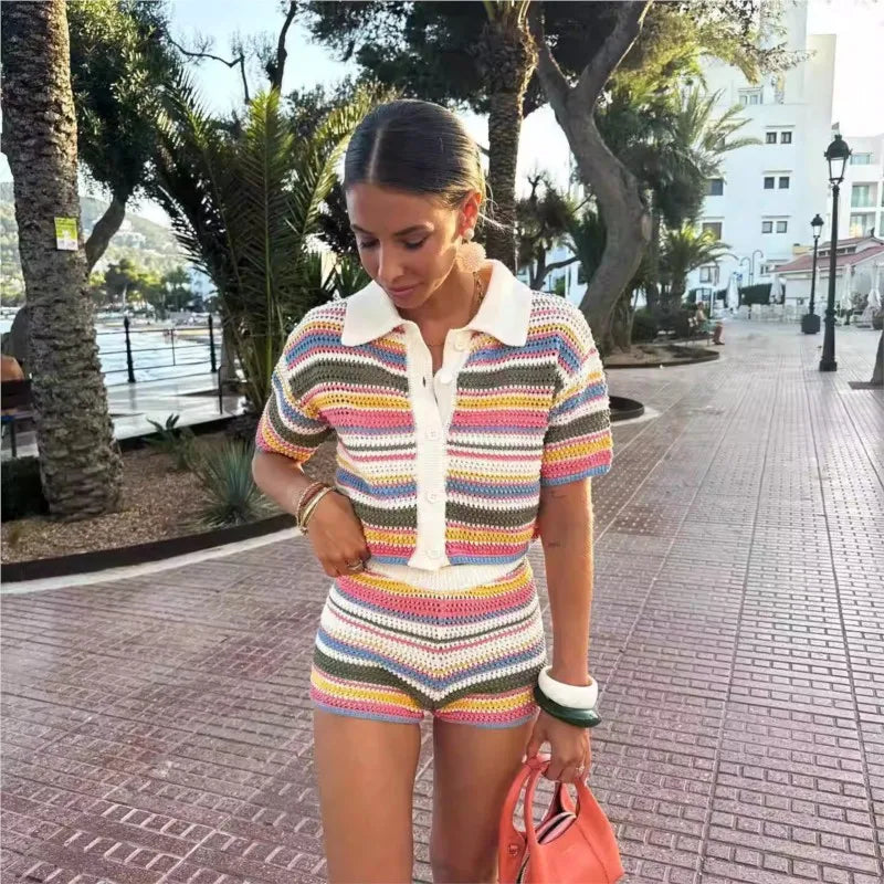 Patchwork Striped Sweater Knit Shorts Suit