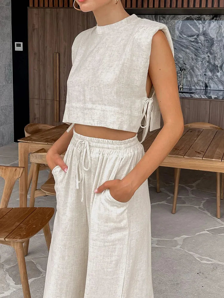 Holiday Linen Pant Set Crop Tops Solid Outfits
