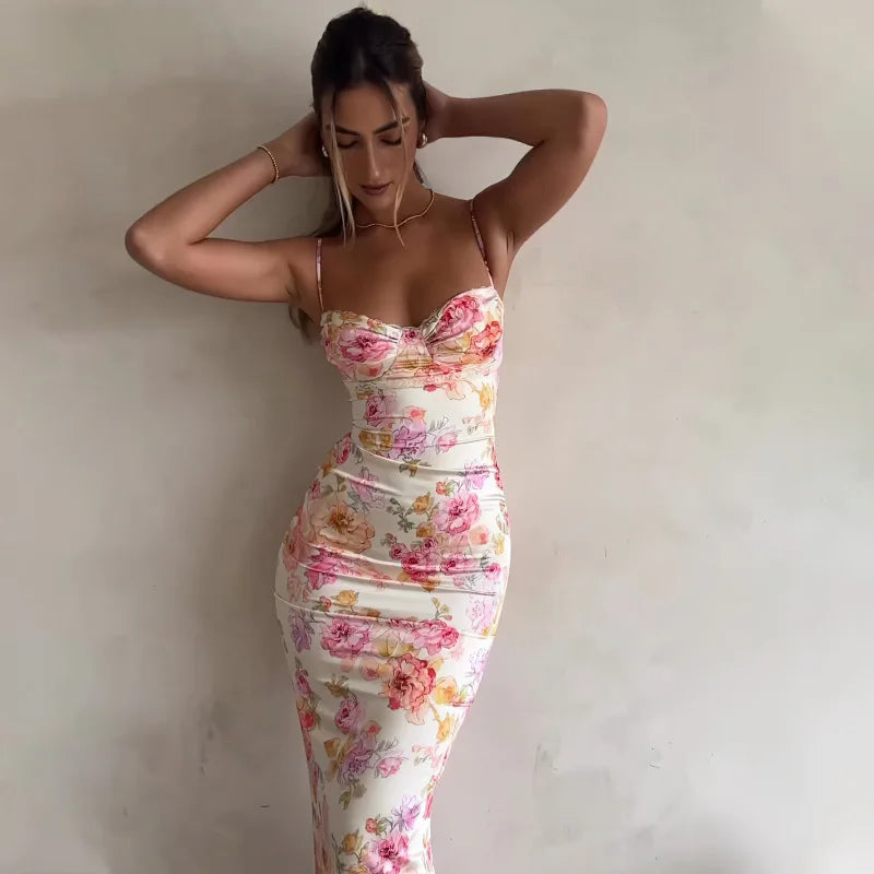 New Floral Suspender Split Slim Strap Dress
