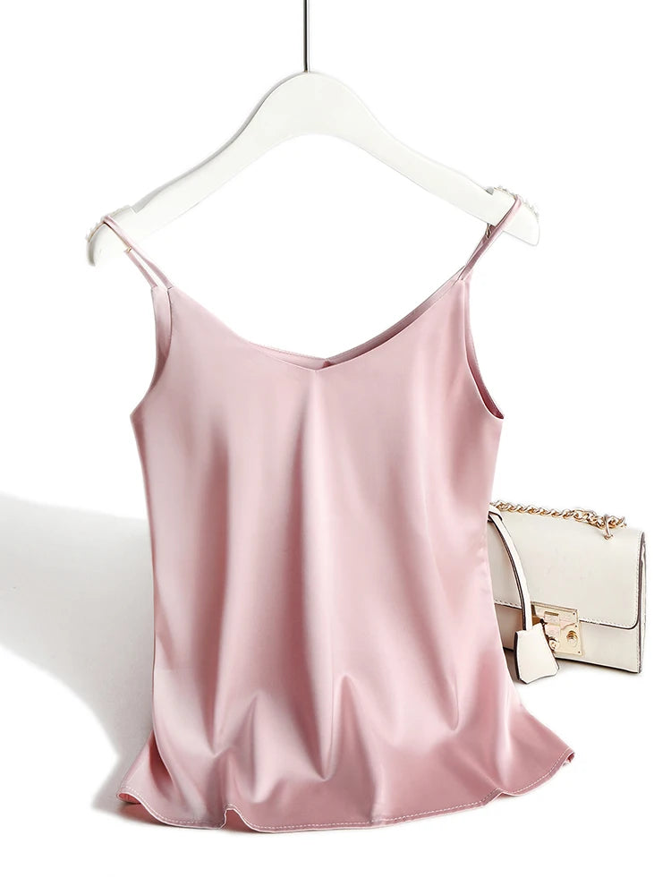 V Neck Basic Satin Silk Tank Tops