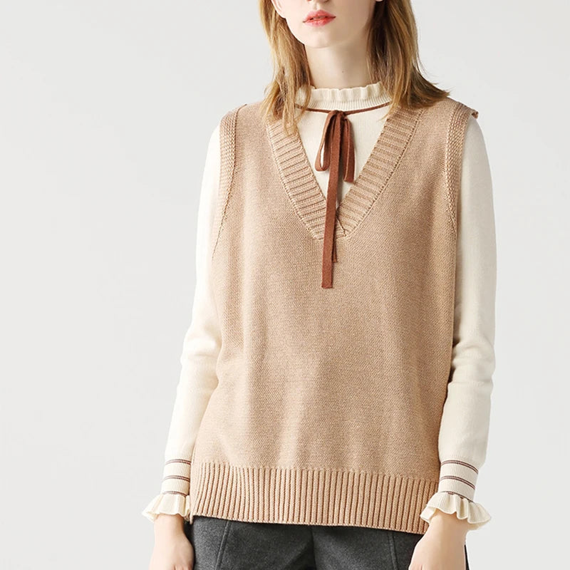 Hirsionsan V Neck Knitted Sweater Vest Women