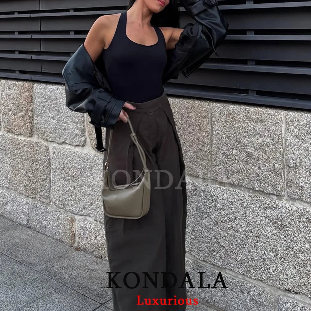 KONDALA Lässige elegante weite Hose Damen Bürohose mit Taschen Plissierte lange Hose Mode Frühjahr/Sommer 2026 Streetwear-Hose