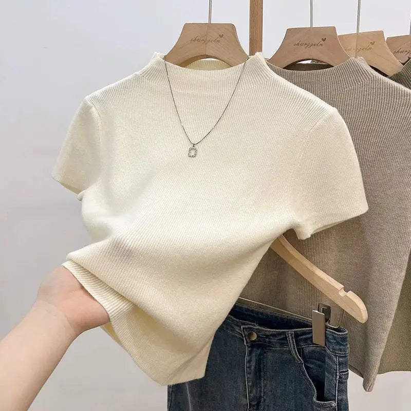 Basic Rollkragenpullover Einfarbig Dünn Sommer 2026 Pullover Damen Female Gestrickter Pullover Slim Kurzarm Bodycon Pullover