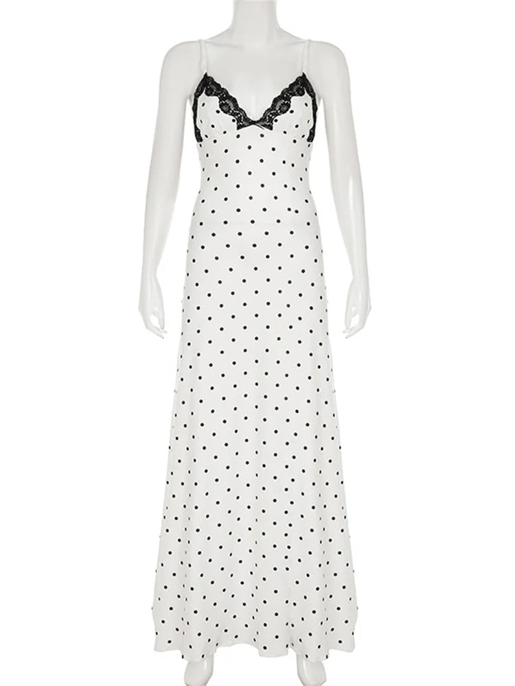 Tossy Spitze V-Ausschnitt Patchwork Maxi-Kleid Damen Rückenfrei Hohe Taille Slim Spaghettiträger Kontrast Partykleid Weibliches Frühlings-Langes Kleid
