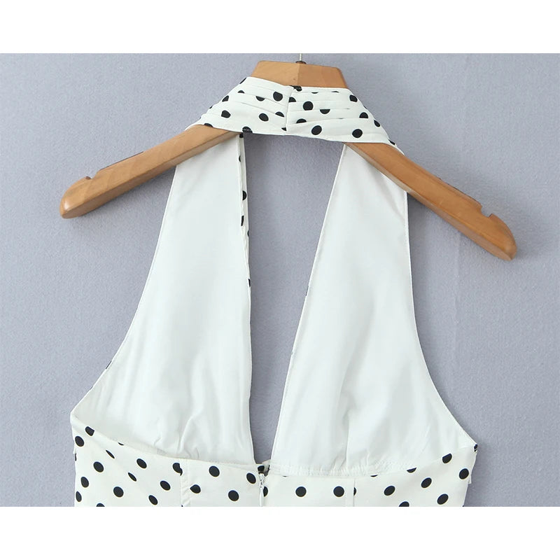 French Style Retro Polka Dot Deep V Halter Dress