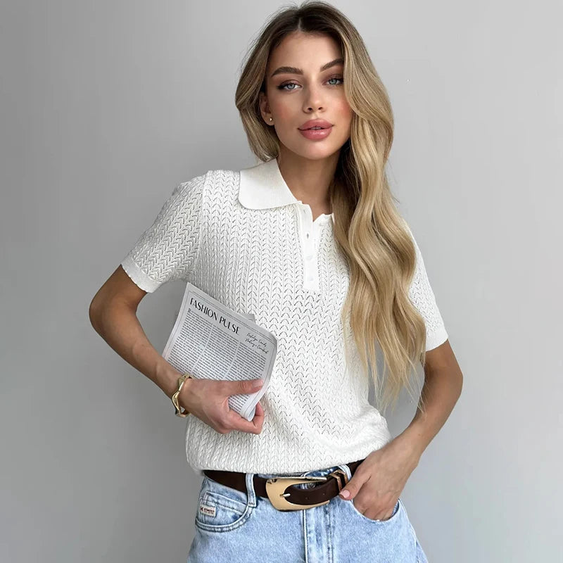 Typhaland Hollow Knitted T shirt Woman 2026