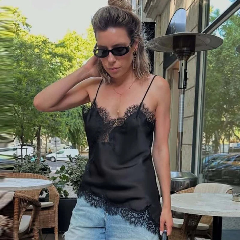 HXAO Asymmetrisches Slip-Top Damen Sommer 2025 Y2K Tanks & Camis Spitze Schwarz Carmen-Top Elegant Ärmelloses Rückenloses Camisole