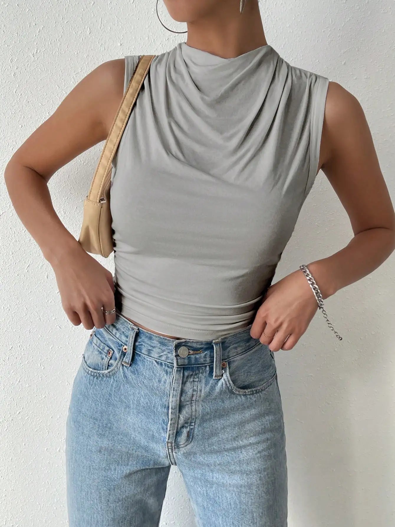 Women's Casual Half High Neck Sleeveless T-Shirt Top