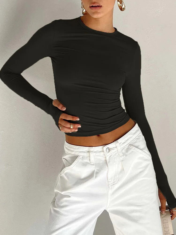 Fashion Damen T-Shirt Langarm Rundhals Unifarben Slim Fit Damen Crop Top mit Daumenlöchern für den Alltag Streetwear Sommer Camis