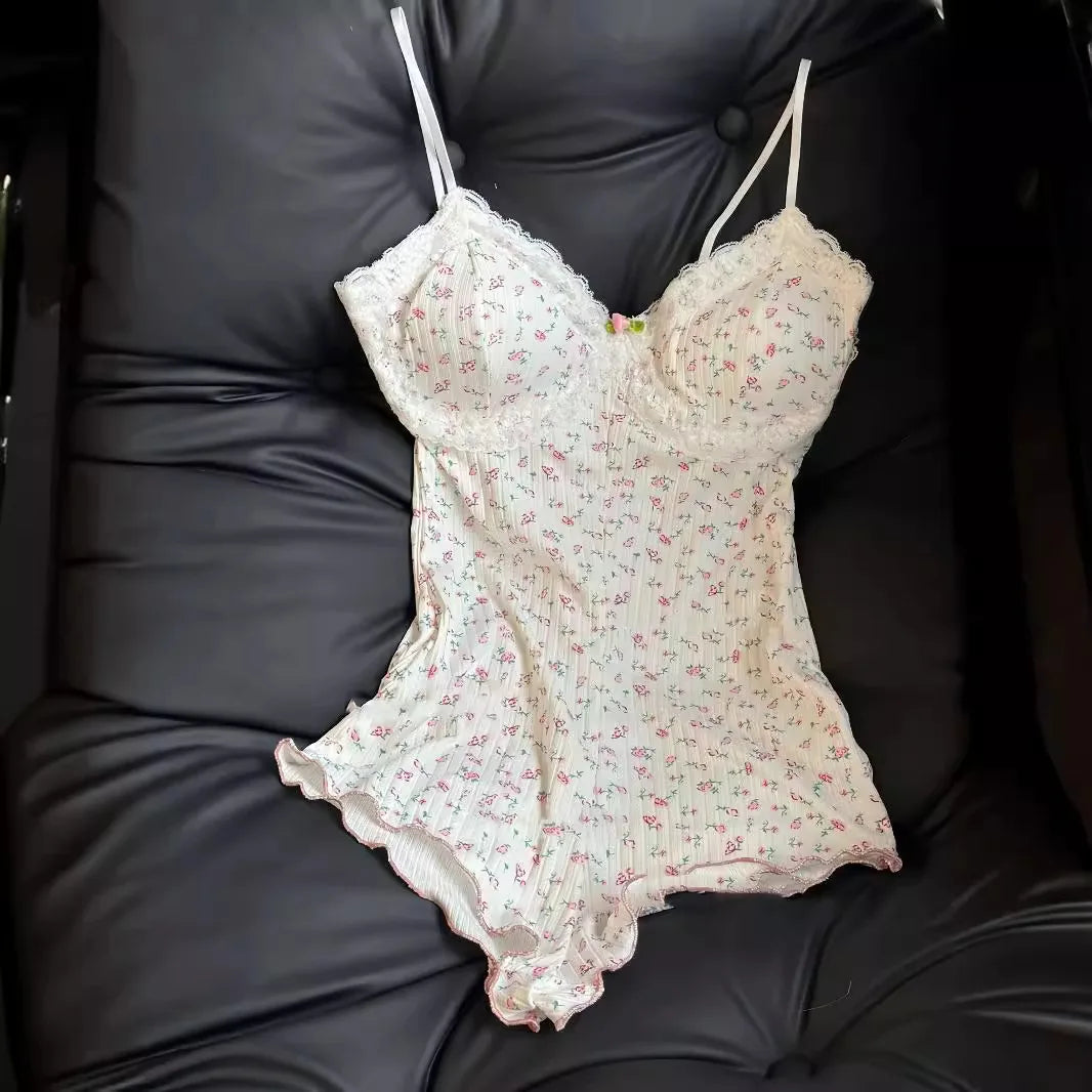 Floral Print Bodysuit Lace Trim