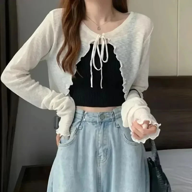 Sommer Damen Dünne Sonnencreme Strickjacke Schnürung Strickwaren Tops Weiblich Koreanischer Stil Laternenärmel Kurzer Mantel Lässig Sonnenfeste