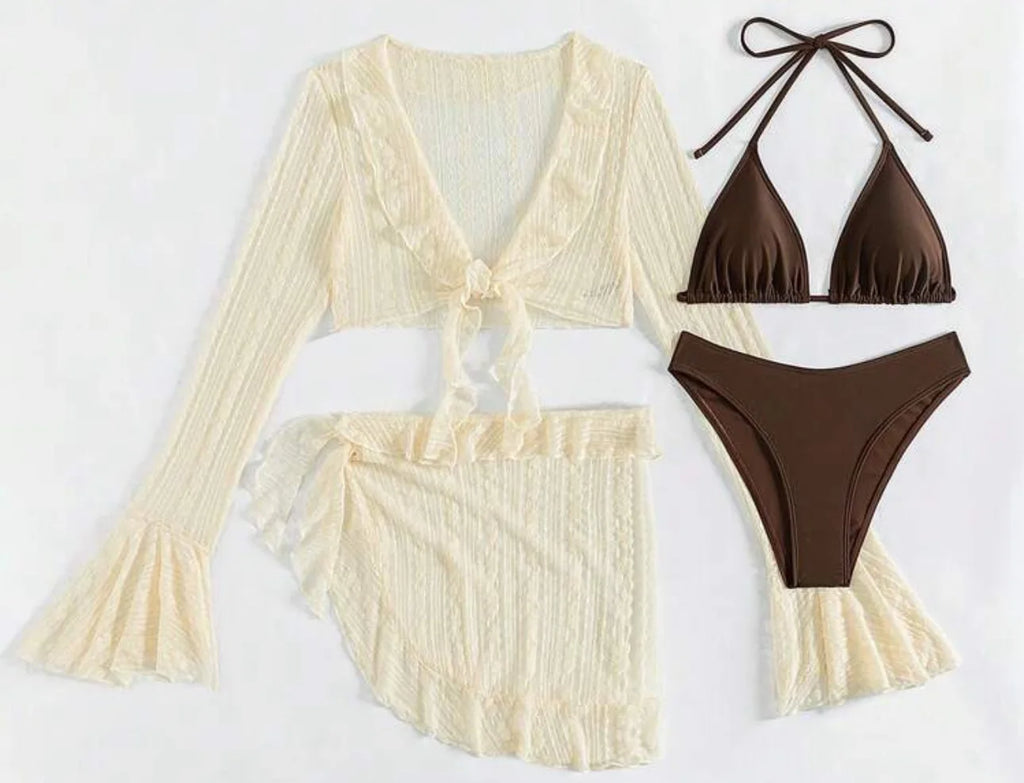 2026 Sexy vierteiliger Damen-Badeanzug Langarm-Vertuschung Bademode Sommer Unifarbenes Bikini-Set Brasilianische Strandmode Party-Badeanzug