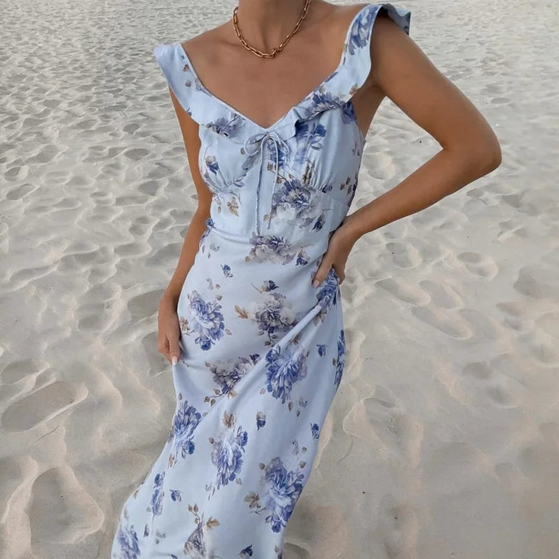 Kryptografischer Sommer Blumenmuster Plunge Maxikleid Outfits Sexy rückenfreie Feen Sonnenkleider Urlaub Strandmode Vestido Coquette