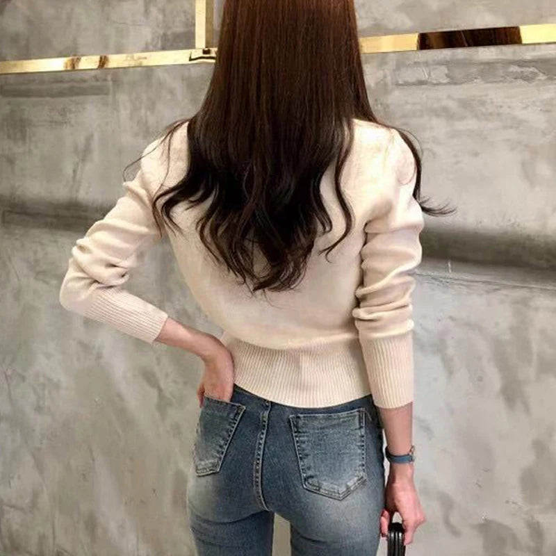 2026 Herbst Langarm Mode Damen Strickjacken Pullover Gestrickter Mantel Kurz Lässiger Einreihiger Koreanischer Schmaler Eleganter Damenoberteile