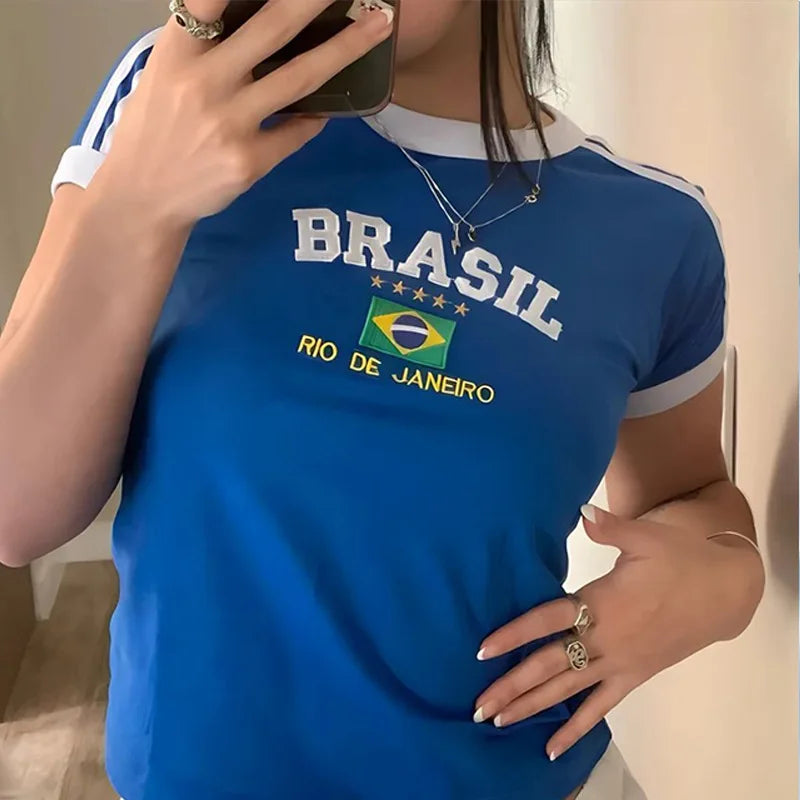 Womens Aesthetic BRASIL Letter Print T-Shirt