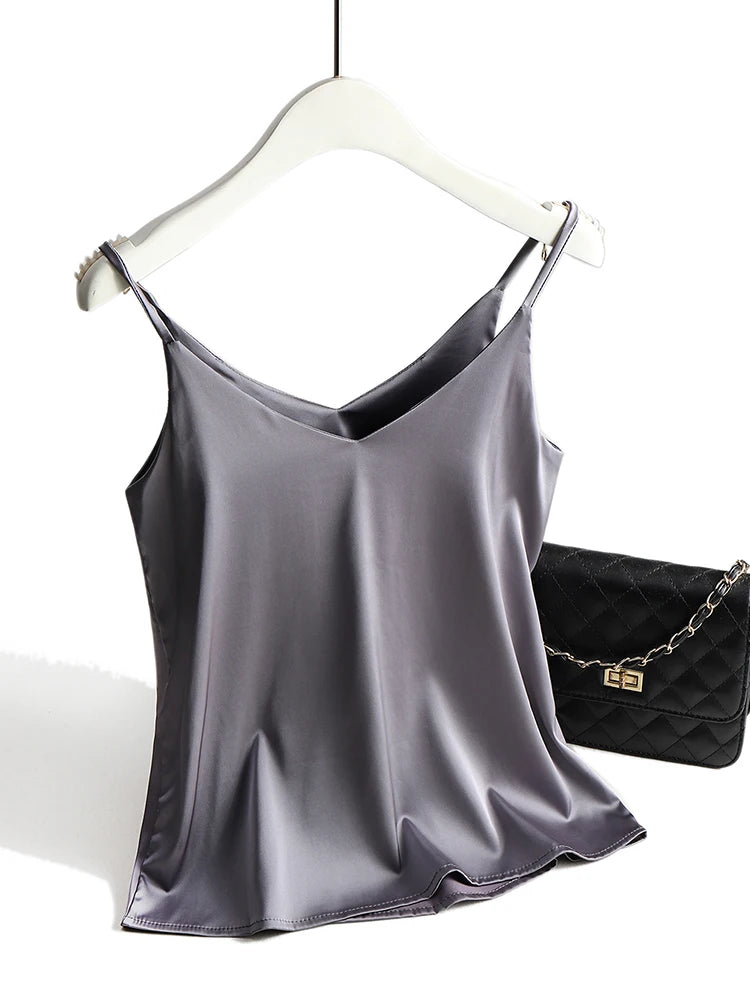 V Neck Basic Satin Silk Tank Tops