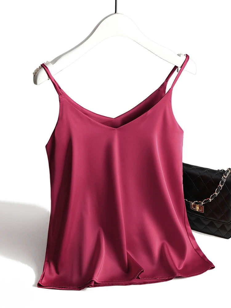 V Neck Basic Satin Silk Tank Tops