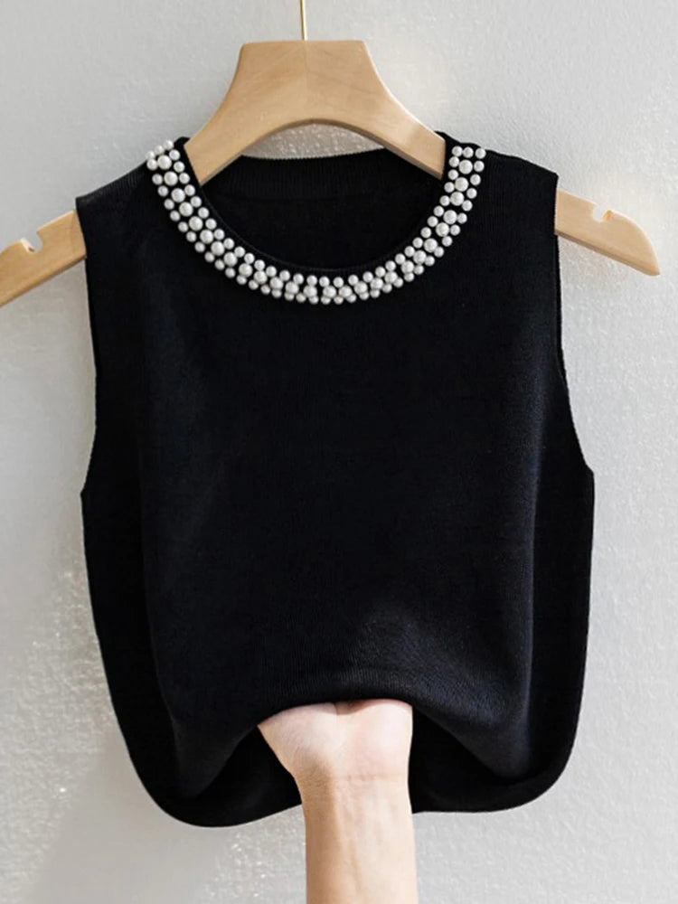 Korea Strickwesten Damen Top Uni Tank Blusen Mujer De Moda Sommer Neue Mode Damen Ärmellose Perlen Lässige Dünne Oberteile