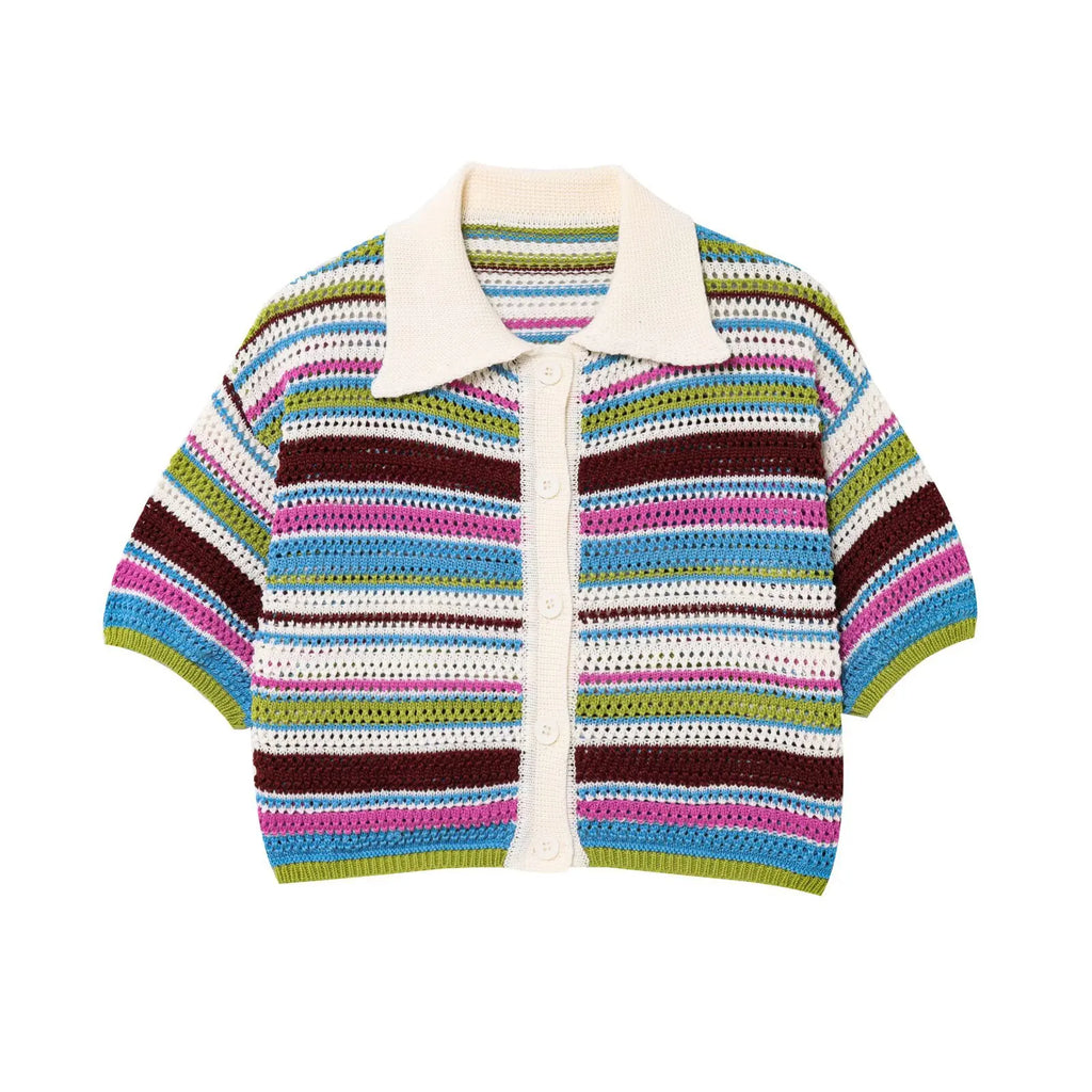 Patchwork Striped Sweater Knit Shorts Suit