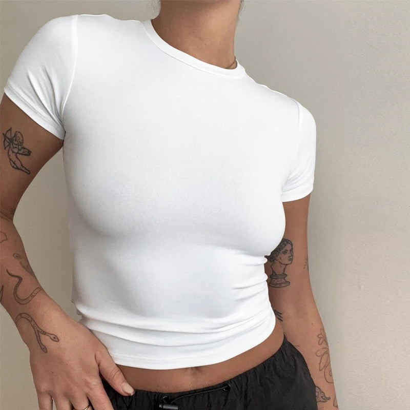 Damenbekleidung Kurzarm T-Shirt Eng Anliegende Oberteile Damen O-Ausschnitt Gestricktes Etui-T-Shirt Streetwear Sex Sportlich 2024 Y2K Neu2410