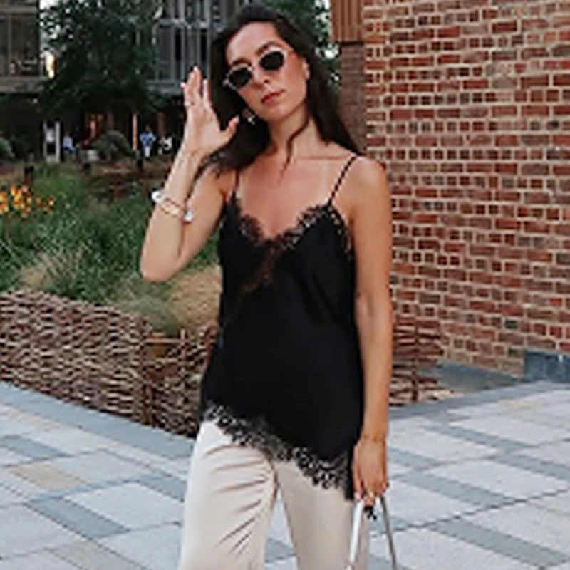 HXAO Asymmetrisches Slip-Top Damen Sommer 2025 Y2K Tanks & Camis Spitze Schwarz Carmen-Top Elegant Ärmelloses Rückenloses Camisole