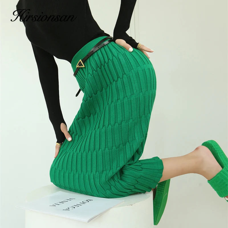 Hirsionsan Solid Elastic Straight Knitted Skirt