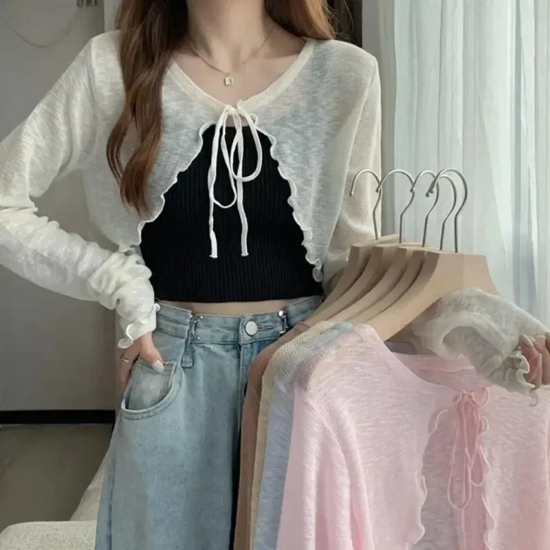 Sommer Damen Dünne Sonnencreme Strickjacke Schnürung Strickwaren Tops Weiblich Koreanischer Stil Laternenärmel Kurzer Mantel Lässig Sonnenfeste