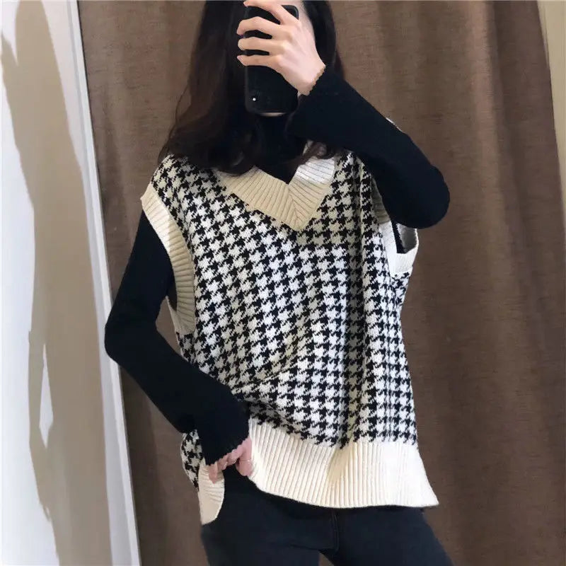Hirsionsan V Neck Knitted Sweater Vest Women