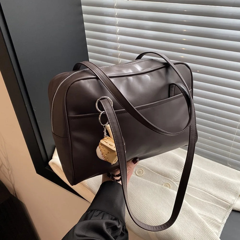 Fashion PU Leather Shoulder Bag with Pendant Large Capacity Women Girls Crossbody Bag Portable Tote Bag Shopping Bag