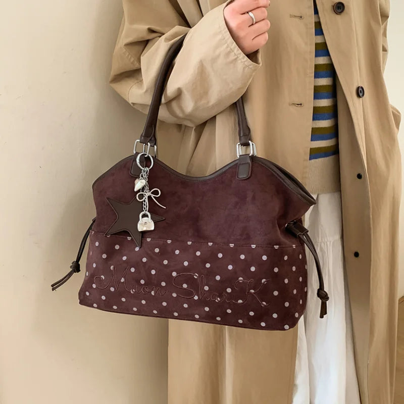 Brand Women's Shoulder Bag Y2k Fashion Sweet Polka Dot Handbag Korean Casual Versatile Leopard Print Brown Frosted Tote Bags