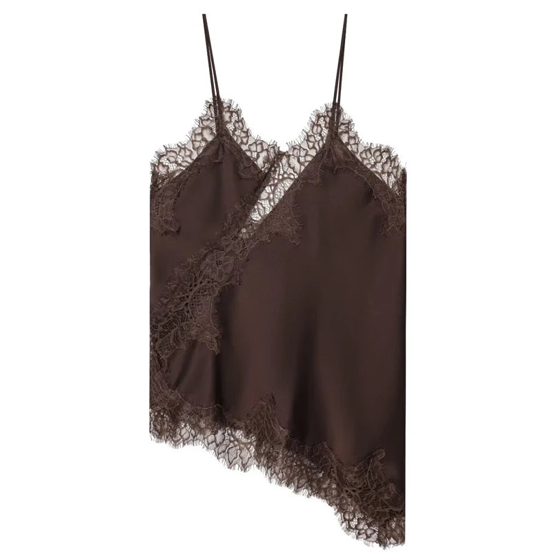 HXAO Asymmetrisches Slip-Top Damen Sommer 2025 Y2K Tanks & Camis Spitze Schwarz Carmen-Top Elegant Ärmelloses Rückenloses Camisole