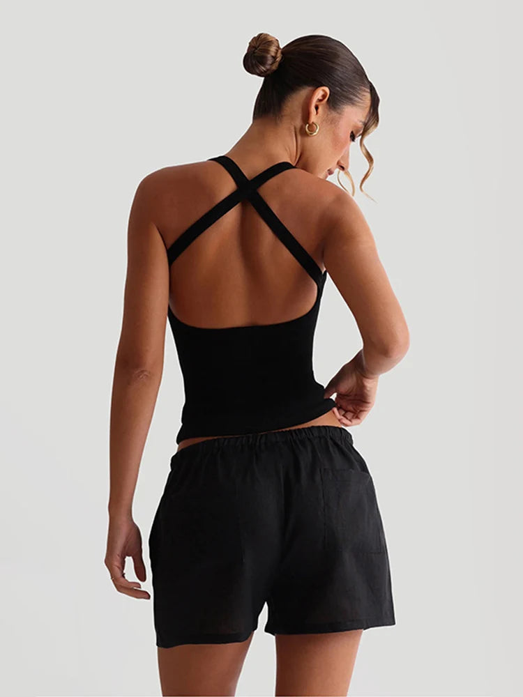 Ribbed Casual Tank Tops Low-Neck Cross Strap