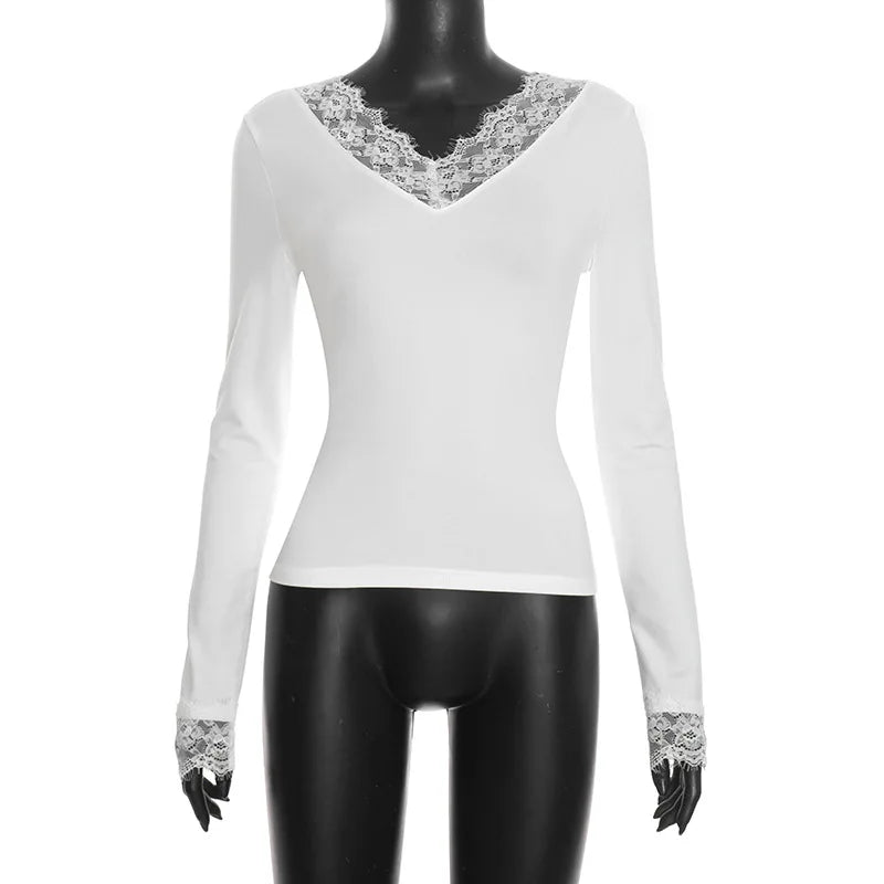Tornova V neck Lace T shirt Top