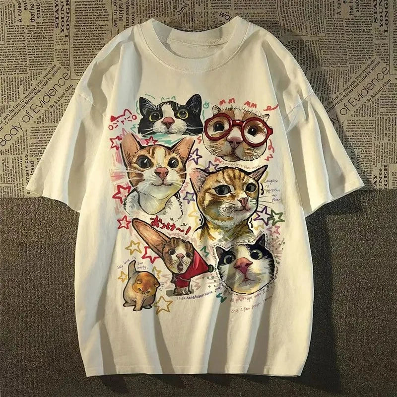American Retro Fun Cartoon Cat Print T-shirt