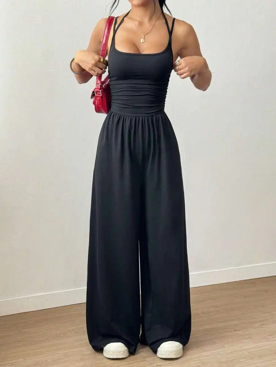 Damen Sommer Schwarz Lässig Plissiert Locker Weites Bein Overall, Verstellbares Neckholder-Band