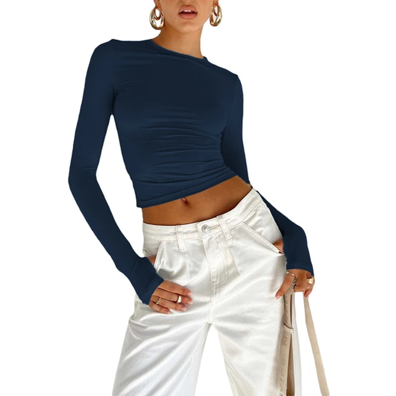 T-shirt Long Sleeve Crew Neck Solid Slim Fit Crop Top