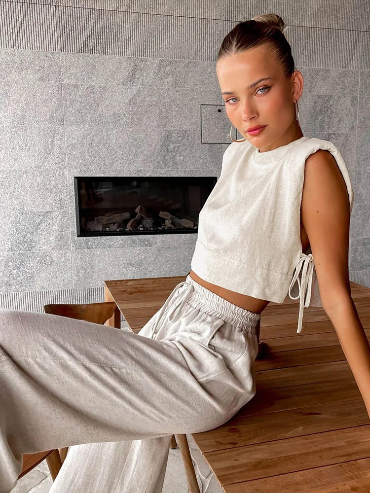 Holiday Linen Pant Set Crop Tops Solid Outfits