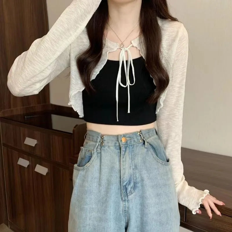 Sommer Damen Dünne Sonnencreme Strickjacke Schnürung Strickwaren Tops Weiblich Koreanischer Stil Laternenärmel Kurzer Mantel Lässig Sonnenfeste