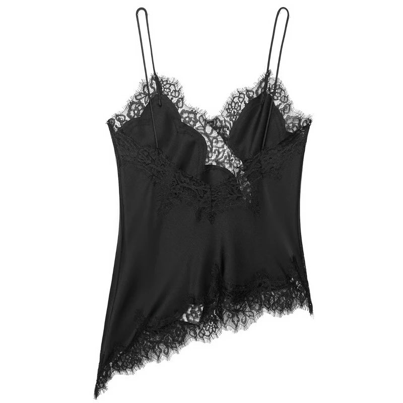 HXAO Asymmetrisches Slip-Top Damen Sommer 2025 Y2K Tanks & Camis Spitze Schwarz Carmen-Top Elegant Ärmelloses Rückenloses Camisole