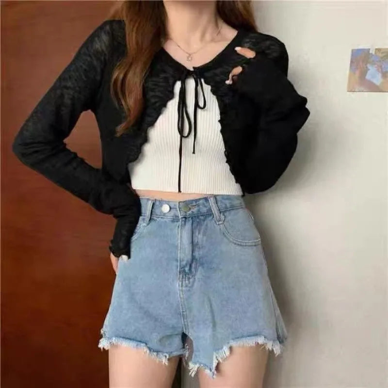 Sommer Damen Dünne Sonnencreme Strickjacke Schnürung Strickwaren Tops Weiblich Koreanischer Stil Laternenärmel Kurzer Mantel Lässig Sonnenfeste