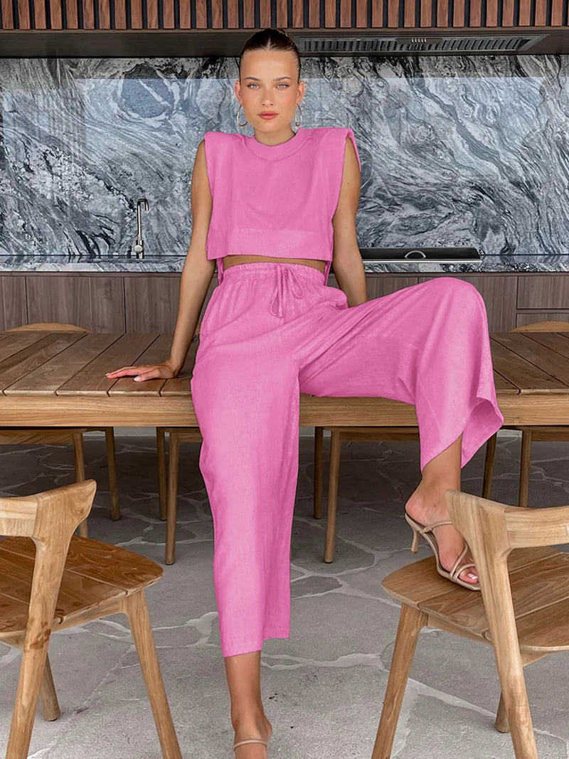 Holiday Linen Pant Set Crop Tops Solid Outfits