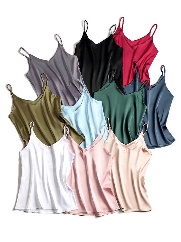 AOSSVIAO 2026 Spaghettiträger Top Damen Neckholder V-Ausschnitt Basic Weißes Cami Ärmelloses Satin Seiden Tank Top Damen Sommer Camisole