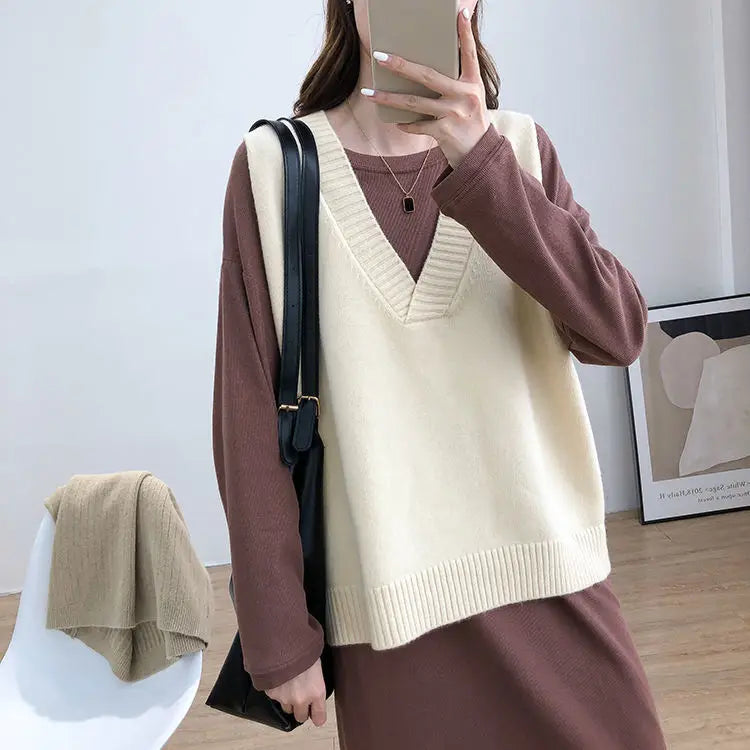 Hirsionsan V Neck Knitted Sweater Vest Women