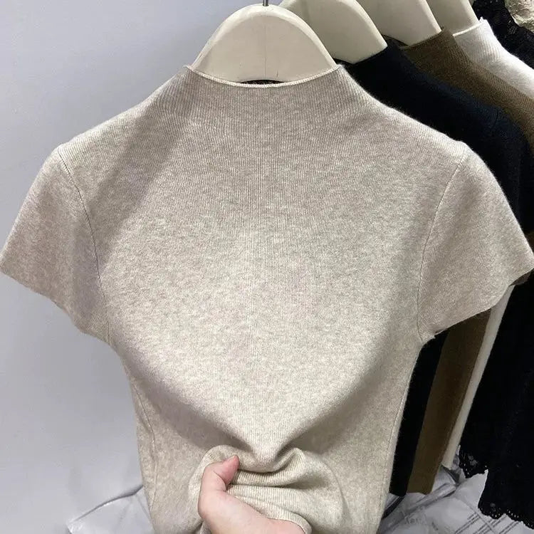 Basic Rollkragenpullover Einfarbig Dünn Sommer 2026 Pullover Damen Female Gestrickter Pullover Slim Kurzarm Bodycon Pullover