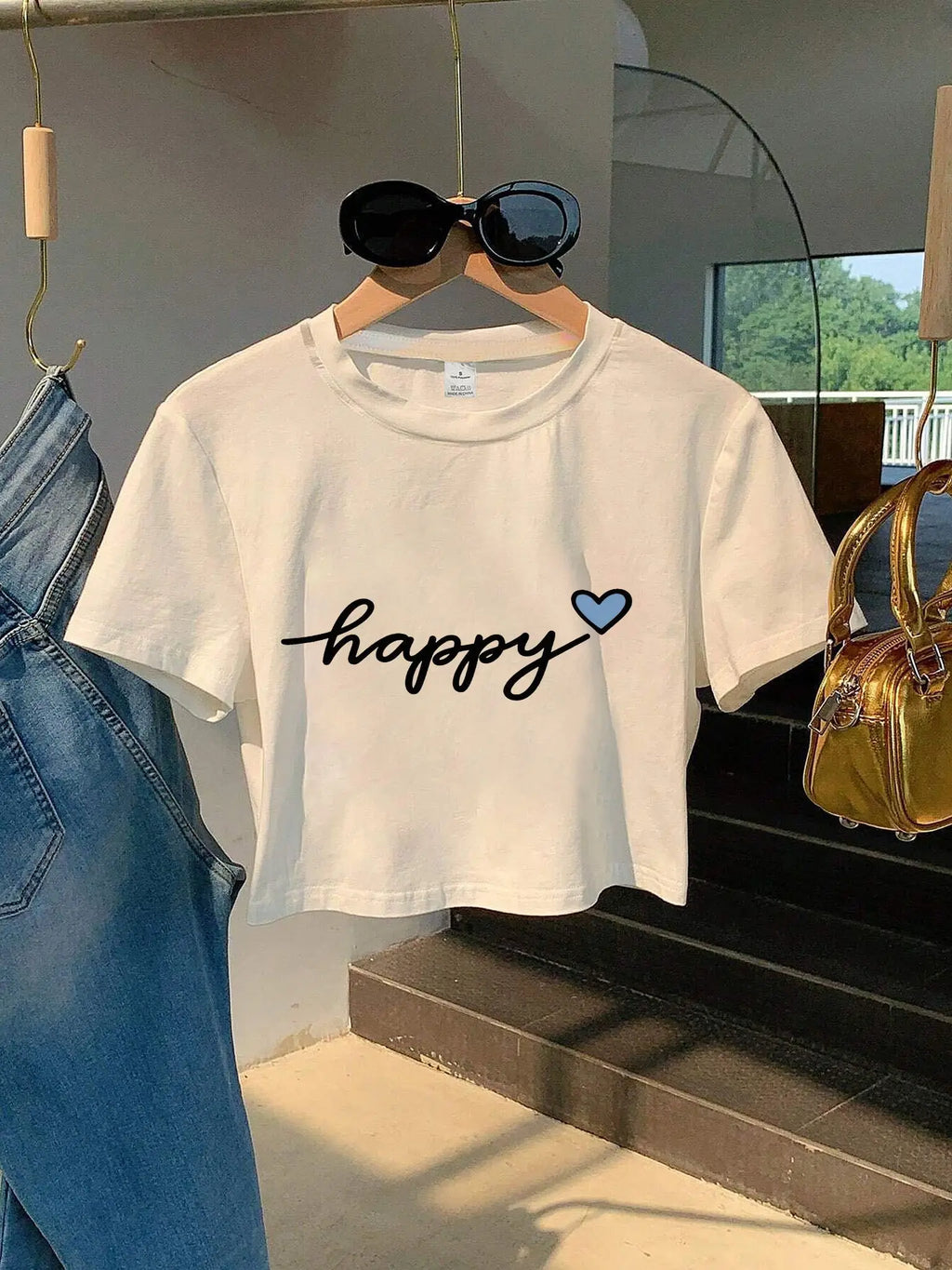 Happy Cursive White Cropped Top