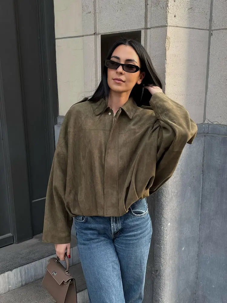 HH Damen Street Fashion Einfarbig Locker Veloursleder Textur Mäntel Lässig Lange Fledermausärmel Revers Reißverschluss Winter Vintage Jacken
