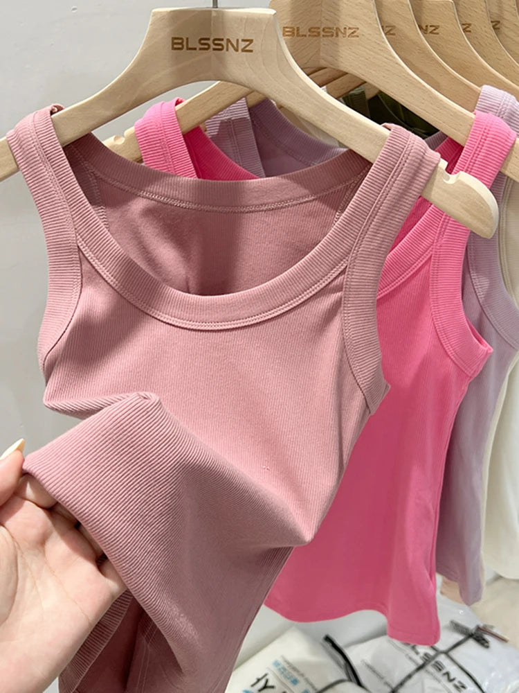 zjaiss Damen Einfarbig Rundhals Geripptes Tanktop Camisole Damen 2026 Sommer Basic Elastisches Tanktop O-Ausschnitt Einfarbiges Tanktop