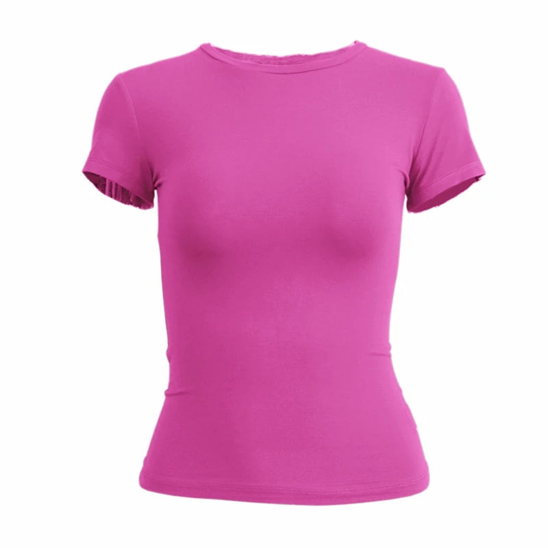 Damenbekleidung Kurzarm T-Shirt Eng Anliegende Oberteile Damen O-Ausschnitt Gestricktes Etui-T-Shirt Streetwear Sex Sportlich 2024 Y2K Neu2410