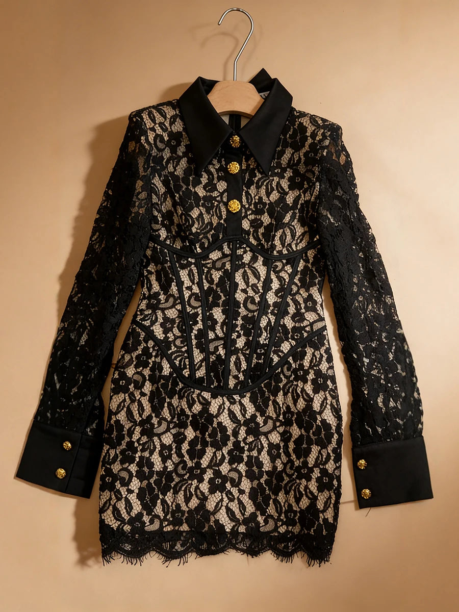 VGH Retro Lace Mini Shirt Dress for Women