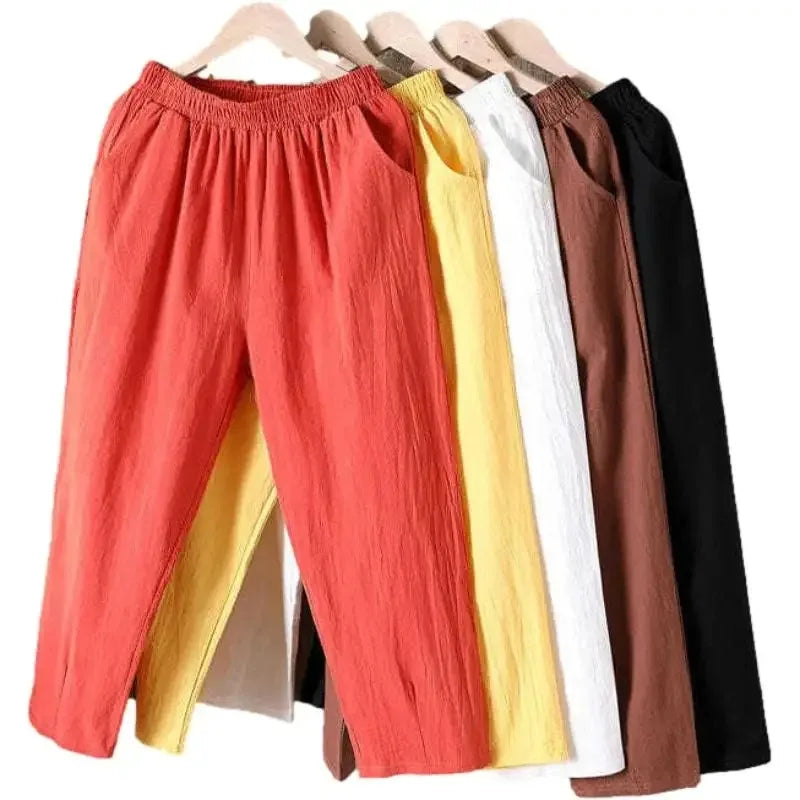 Summer Casual Loose Elastic Waist Cotton Trousers